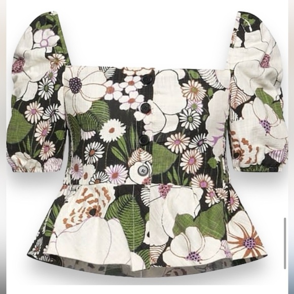 MAJE Loflower cropped organic cotton puff sleeve button down peplum top size 2/M - Picture 2 of 16